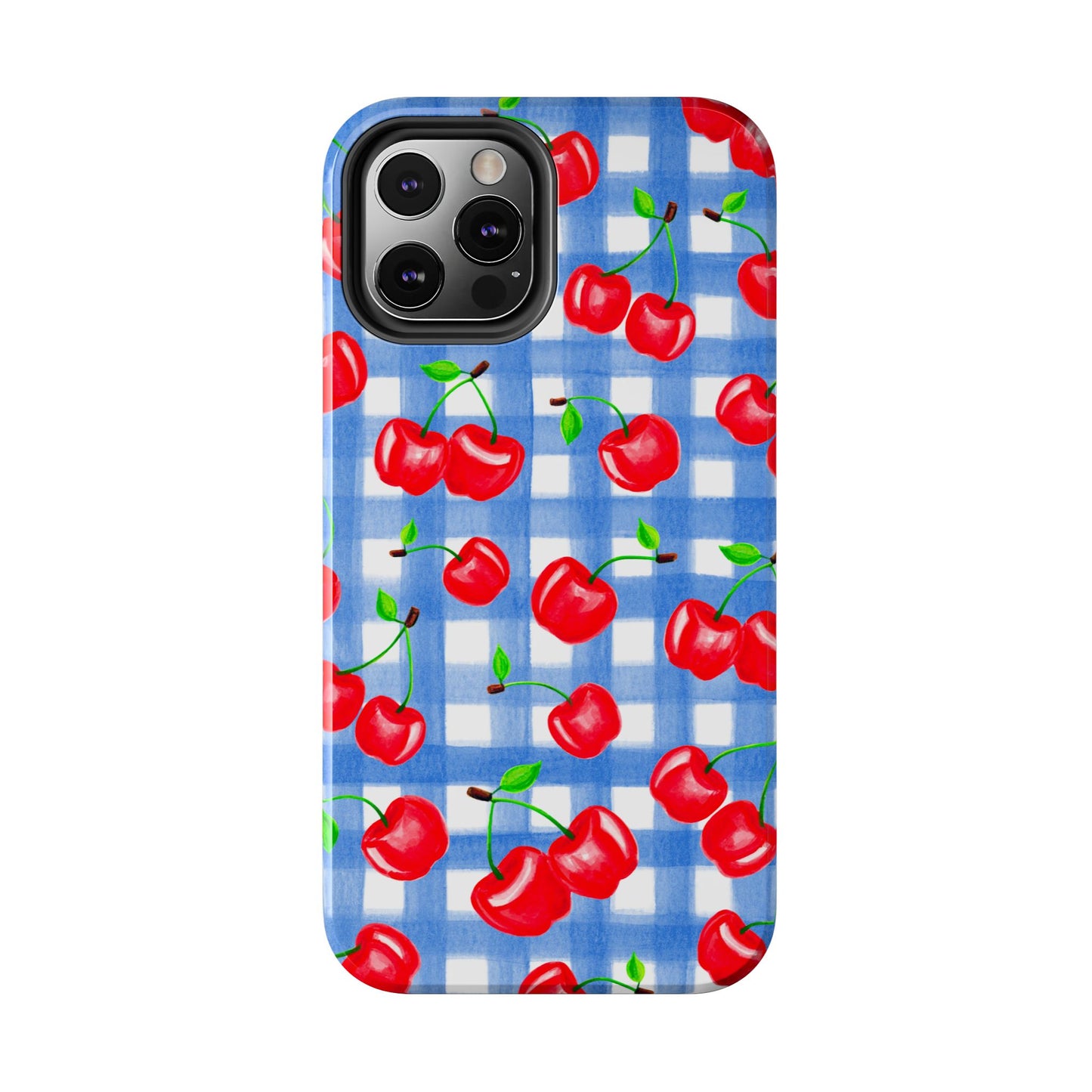 Tossed Red Watercolor Illustrated Cherries Light Blue Gingham Tough Phone Case | Various Models