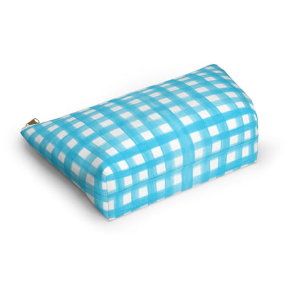 Turquoise Gingham Watercolor Illustrated Printed Accessory Pouch T-Bottom | Large or Small