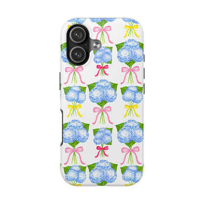Blue Hydrangeas with Hot Pink, Yellow, Light Pink Bows Watercolor Illustrated Patterned Tough Phone Case | Various Models