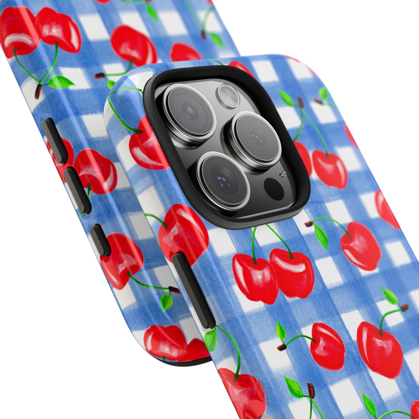 Tossed Red Watercolor Illustrated Cherries Light Blue Gingham Tough Phone Case | Various Models