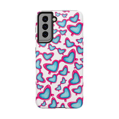 Pink & Blue Heart Shaped Sunglasses Watercolor Illustrated Tossed Pattern Tough Case | Various Models Samsung Galaxy S21