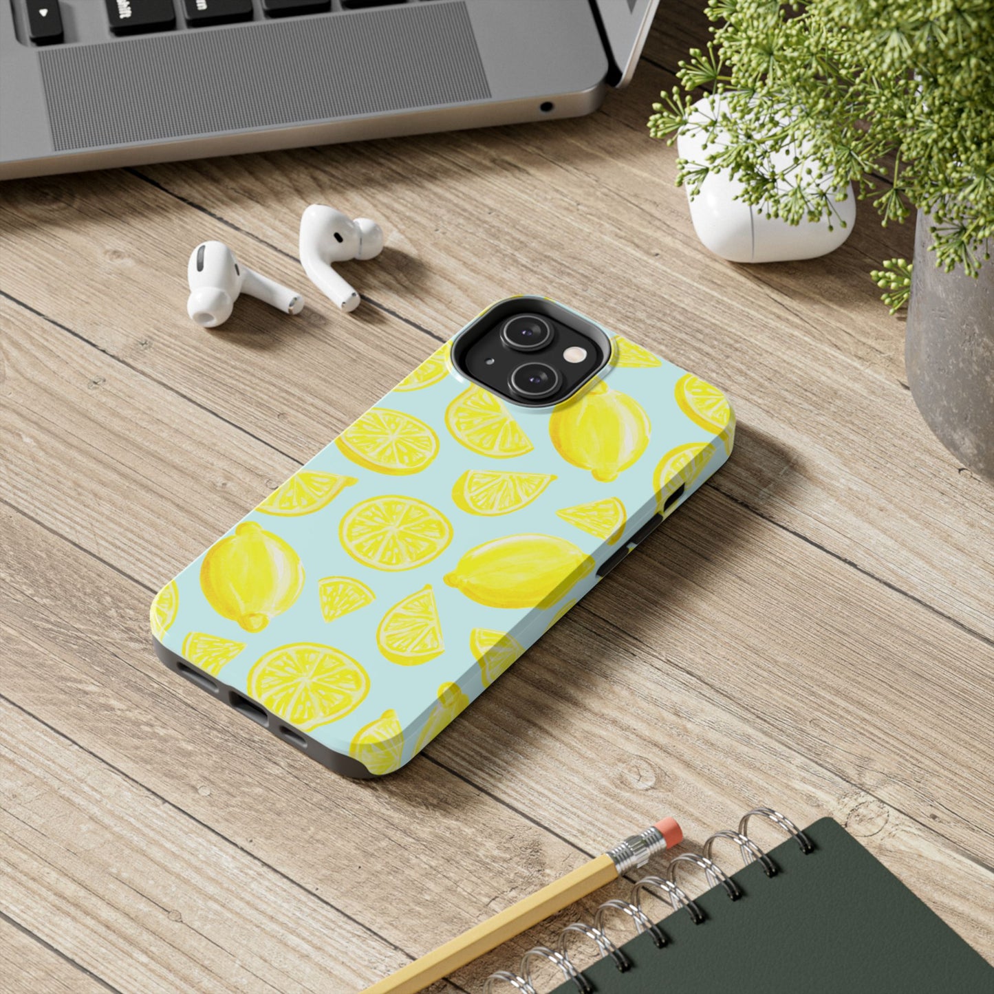 Bright Yellow Lemons Watercolor Illustrated Tossed Pattern Light Blue Tough Phone Case | Various Models