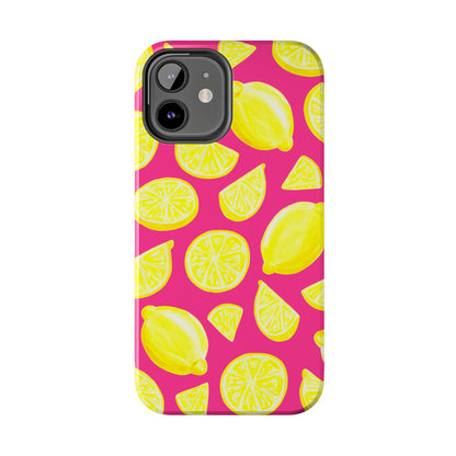 Bright Yellow Lemons Watercolor Illustrated Tossed Pattern Watermelon Pink Tough Phone Case | Various Models