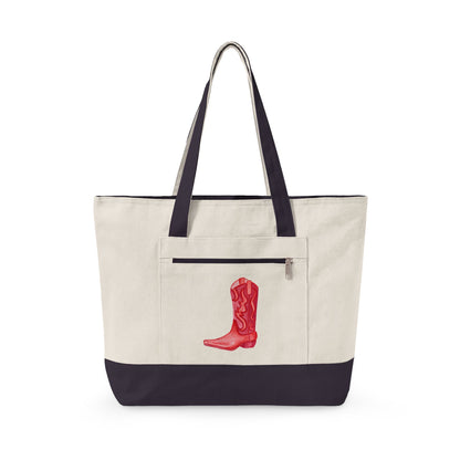 Red Cowboy Boot Watercolor Printed Zippered Canvas Tote 18" x 14" | Various Colors