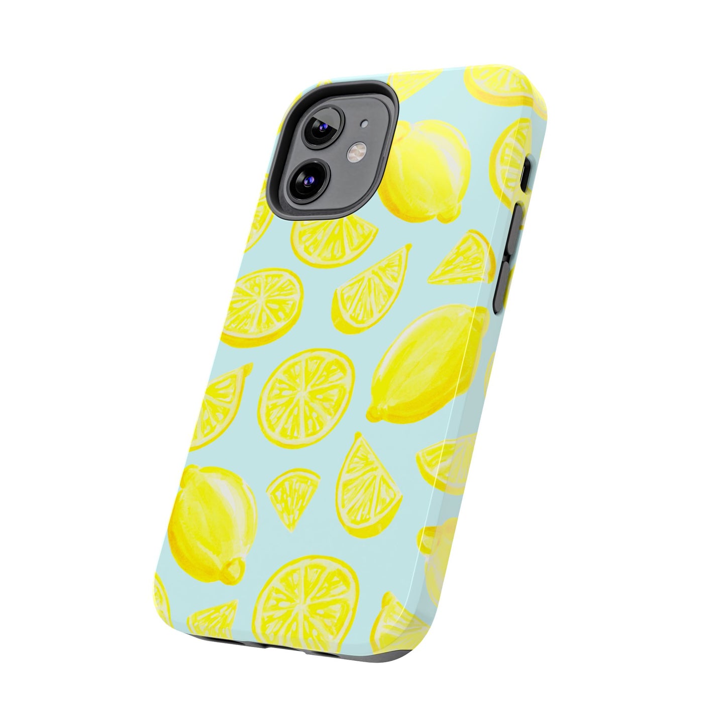 Bright Yellow Lemons Watercolor Illustrated Tossed Pattern Light Blue Tough Phone Case | Various Models