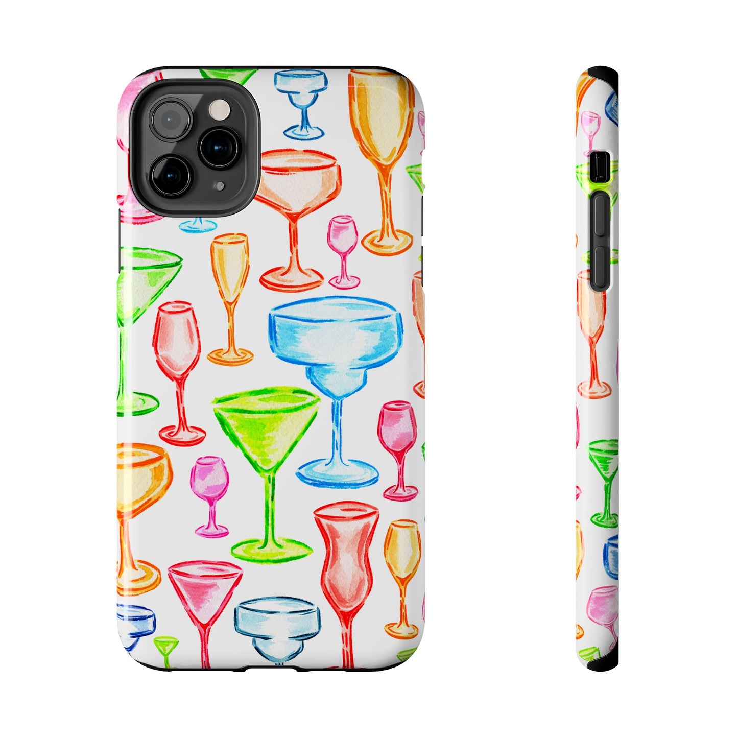 Monochromatic Margarita, Wine, Martini, and Champagne Flute Cocktail Glasses Watercolor Illustrated Tough Phone Case | Various Models Available