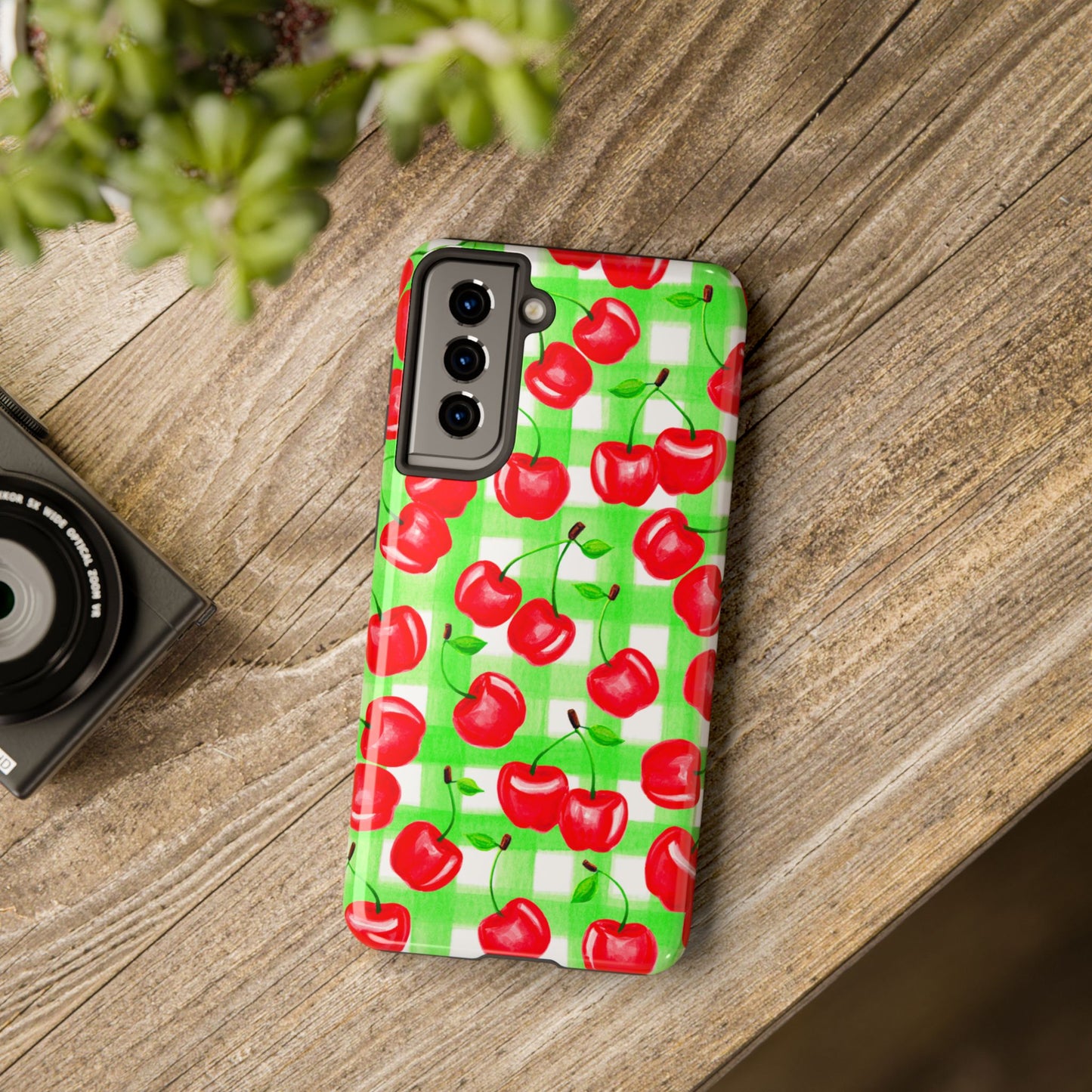 Red Tossed Cherries Green Gingham Watercolor Illustrated Tough Phone Case | Various Models Available