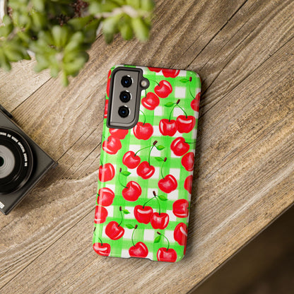 Red Tossed Cherries Green Gingham Watercolor Illustrated Tough Phone Case | Various Models Available