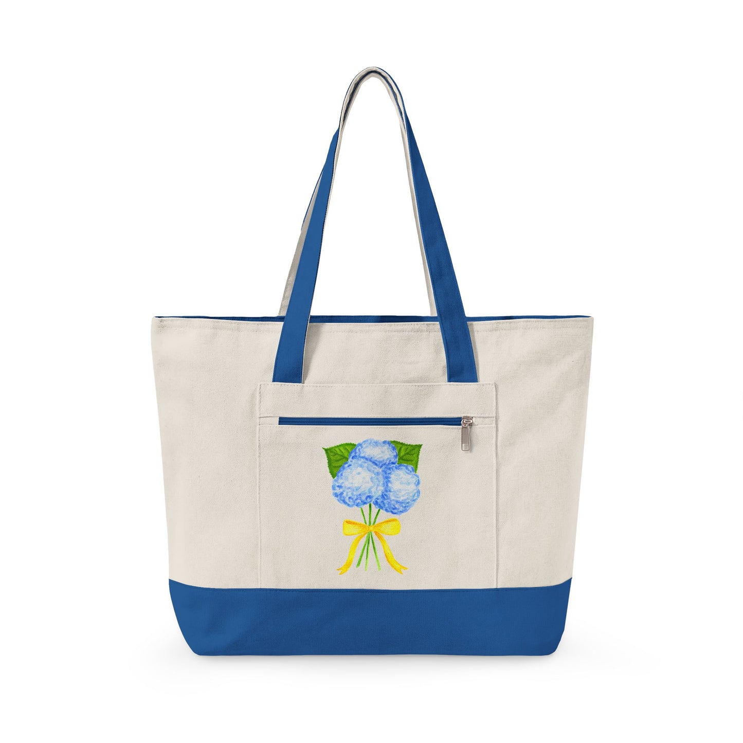 Blue Watercolor Hydrangeas with Yellow Bow Illustration Printed Zippered Canvas Tote 18" x 14" | Various Colors