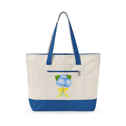 Blue Watercolor Hydrangeas with Yellow Bow Illustration Printed Zippered Canvas Tote 18" x 14" | Various Colors