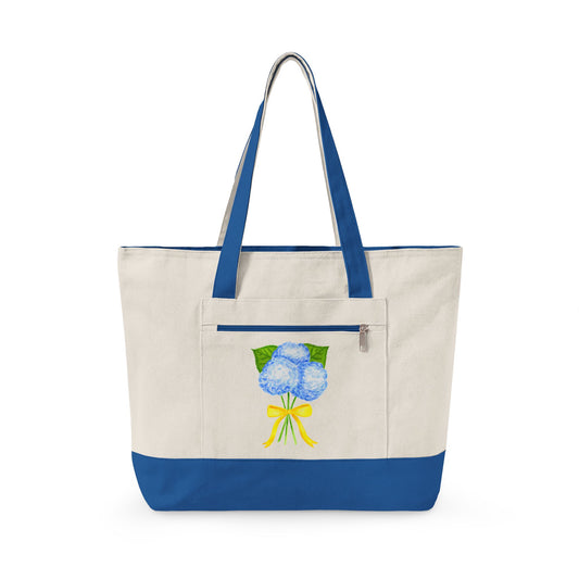 Blue Watercolor Hydrangeas with Yellow Bow Illustration Printed Zippered Canvas Tote 18" x 14" | Various Colors