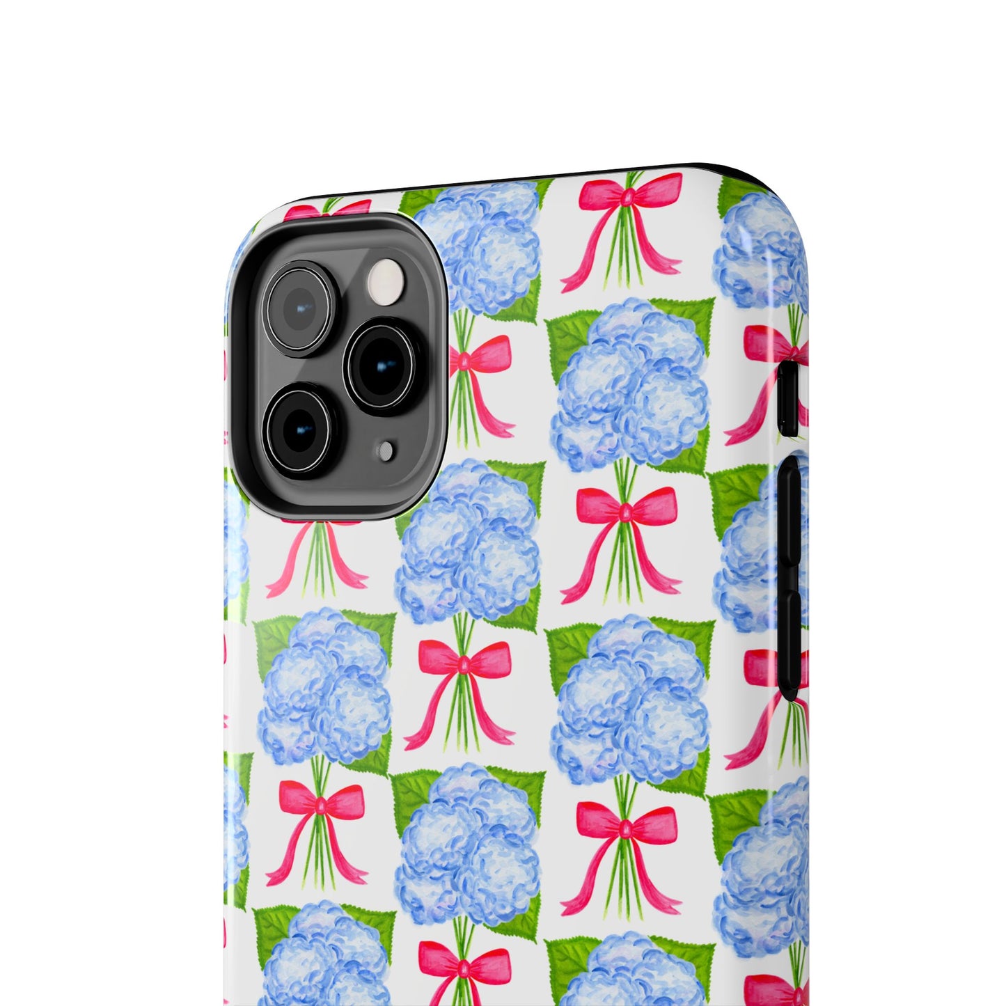 Blue Watercolor Hydrangea Bouquets with Hot Pink Bows Illustrated Patterned Tough Phone Case | Various Models