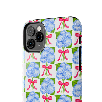 Blue Watercolor Hydrangea Bouquets with Hot Pink Bows Illustrated Patterned Tough Phone Case | Various Models