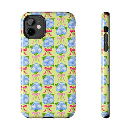 Watercolor Blue Hydrangea Bouquets with Hot Pink and Light Pink Bow Ribbons Illustrated Pattern Yellow Tough Phone Case | Various Models