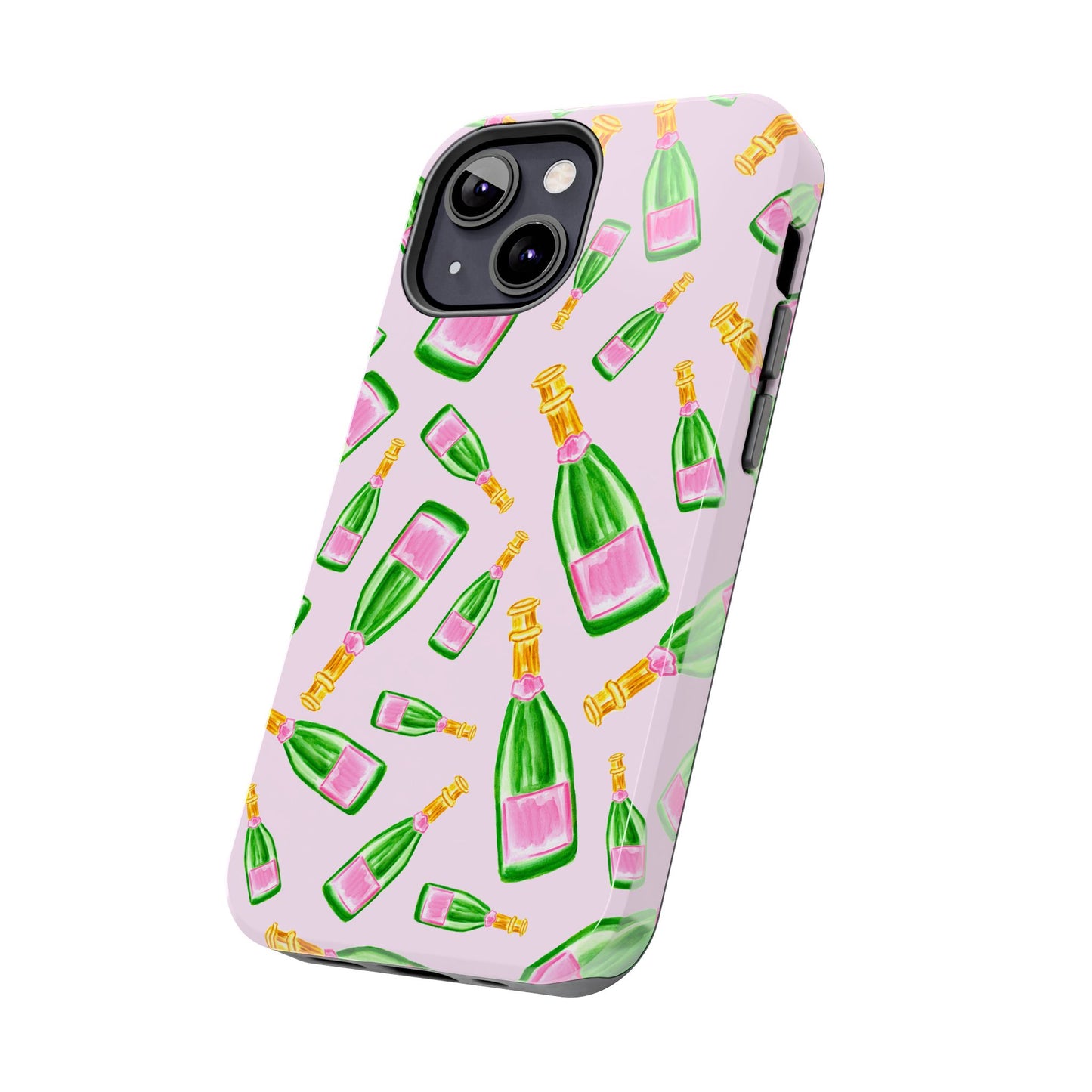 Tossed Pink and Green Watercolor Illustrated Champagne Bottles Pattern Blush Pink Tough Phone Case | Various Models