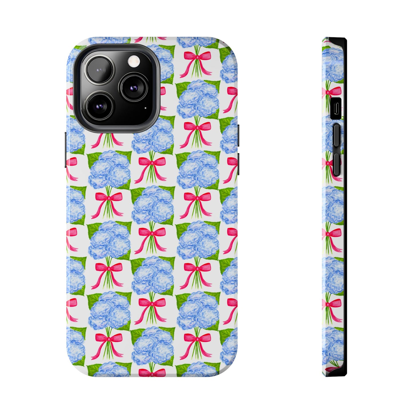 Blue Watercolor Hydrangea Bouquets with Hot Pink Bows Illustrated Patterned Tough Phone Case | Various Models