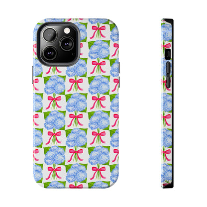 Blue Watercolor Hydrangea Bouquets with Hot Pink Bows Illustrated Patterned Tough Phone Case | Various Models