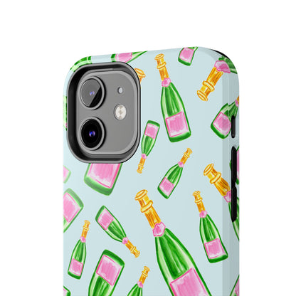 Tossed Pink and Green Watercolor Illustrated Champagne Bottles Pattern Light Blue Tough Phone Case | Various Models