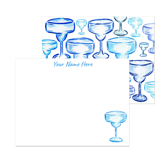 Personalized Blue Margarita Glass Watercolor Illustrated Flat Notecards | Set of 10 Cards & Envelopes | 2 Sizes | 3 Colors