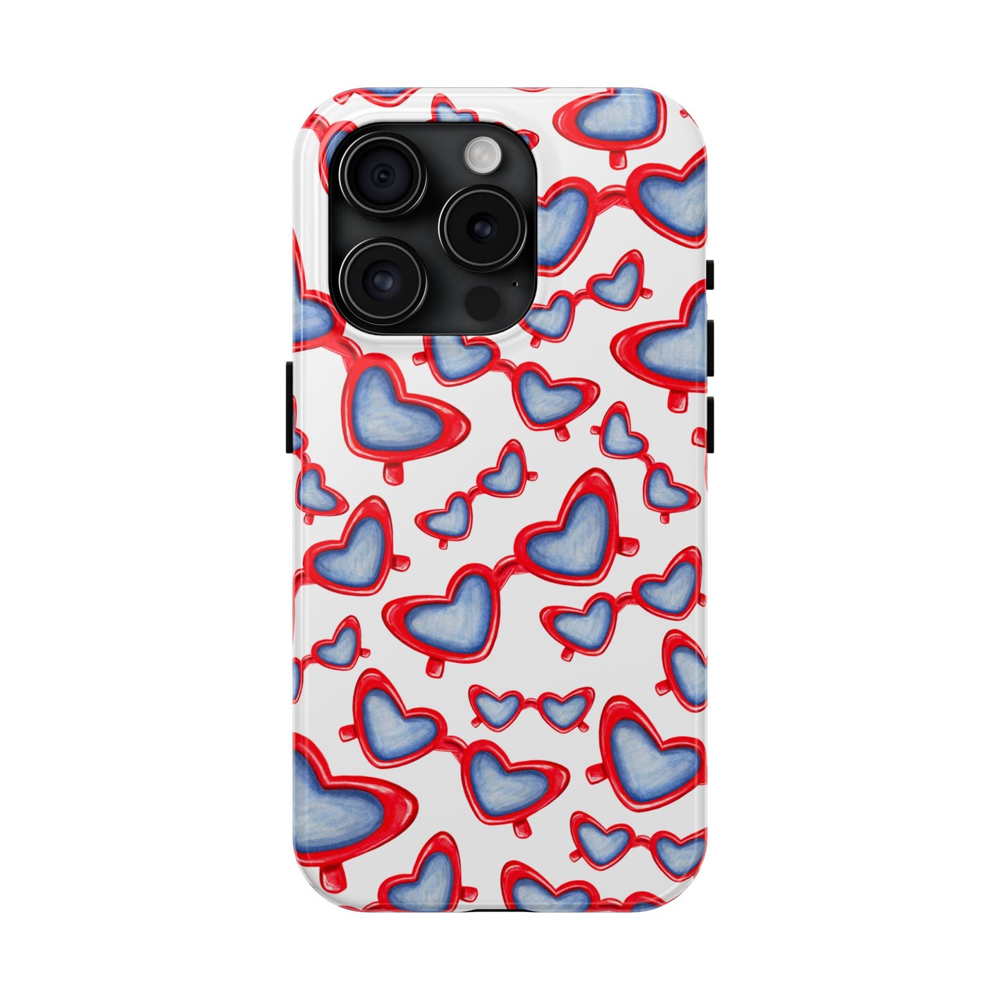 Red, White, & Blue Heart Shaped Watercolor Sunglasses Tossed Pattern Tough Phone Cases iPhone 15 Pro