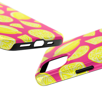 Bright Yellow Lemons Watercolor Illustrated Tossed Pattern Watermelon Pink Tough Phone Case | Various Models