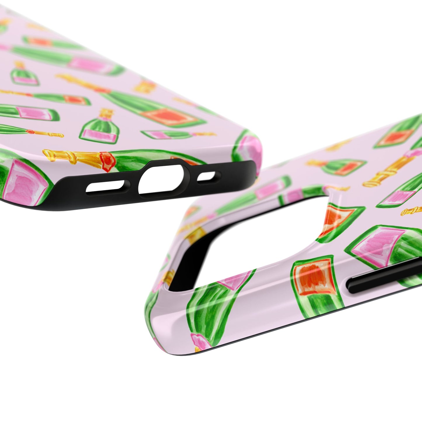 Tossed Pink and Green & Orange and Green Watercolor Illustrated Champagne Bottles Pattern Blush Pink Tough Phone Case | Various Models