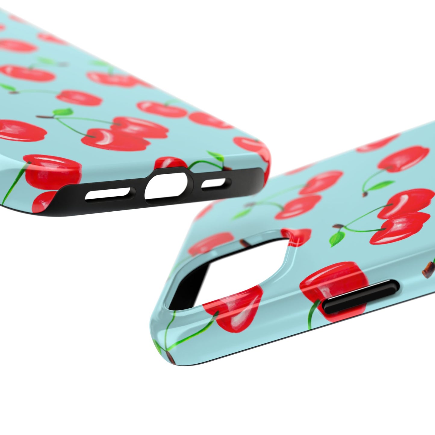 Tossed Red Watercolor Cherries Illustrated Pattern Bright Blue Tough Phone Case | Various Models