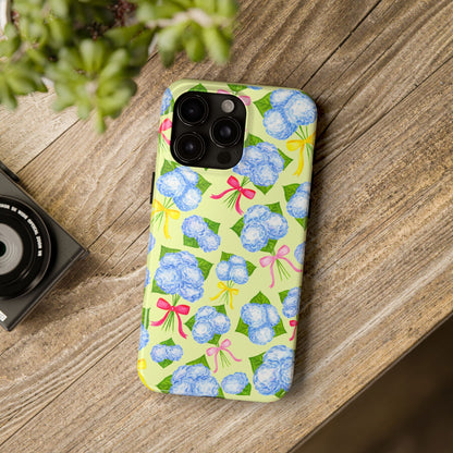 Blue Watercolor Hydrangea Bunches with Hot Pink, Yellow, Light Pink Bows Illustrated Patterned Yellow Tough Phone Case | Various Models