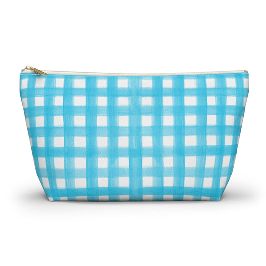Turquoise Gingham Watercolor Illustrated Printed Accessory Pouch T-Bottom | Large or Small Large White zipper