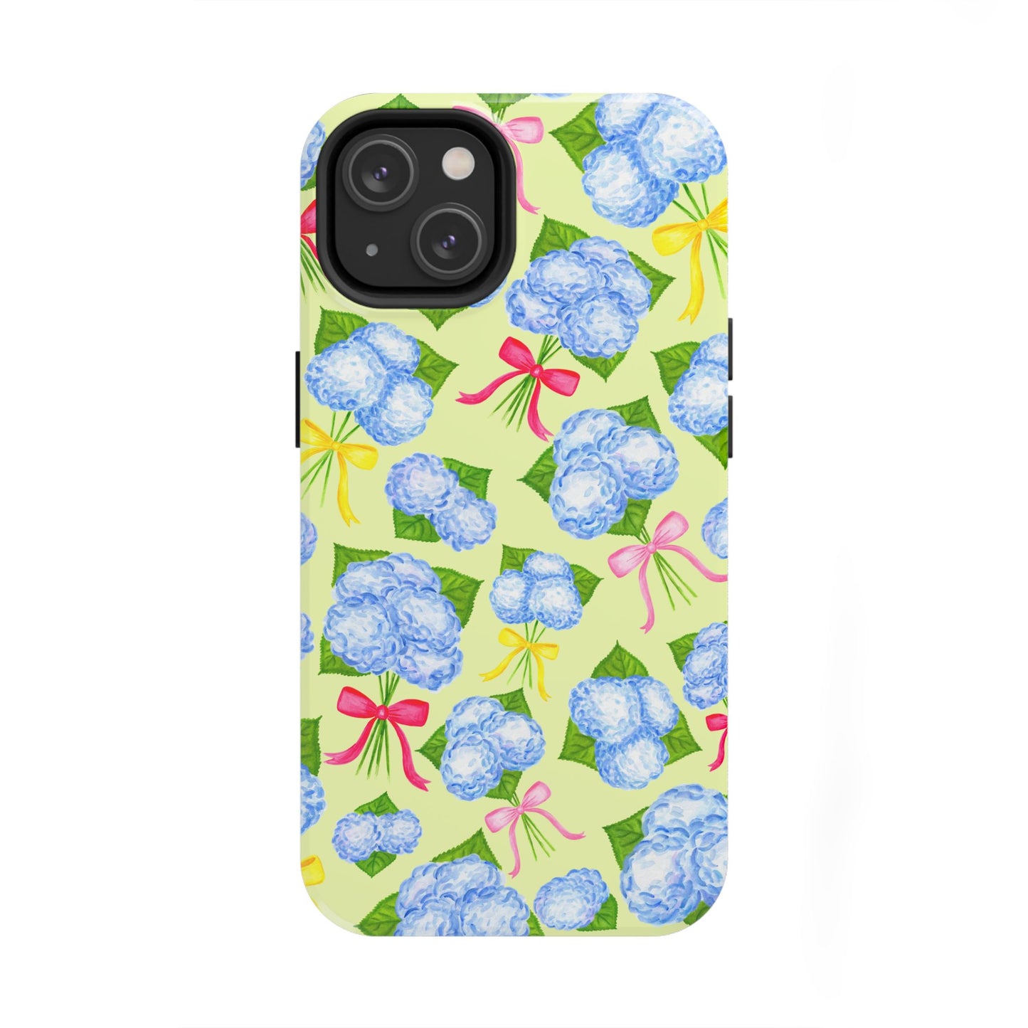 Blue Watercolor Hydrangea Bunches with Hot Pink, Yellow, Light Pink Bows Illustrated Patterned Yellow Tough Phone Case | Various Models