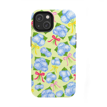 Blue Watercolor Hydrangea Bunches with Hot Pink, Yellow, Light Pink Bows Illustrated Patterned Yellow Tough Phone Case | Various Models