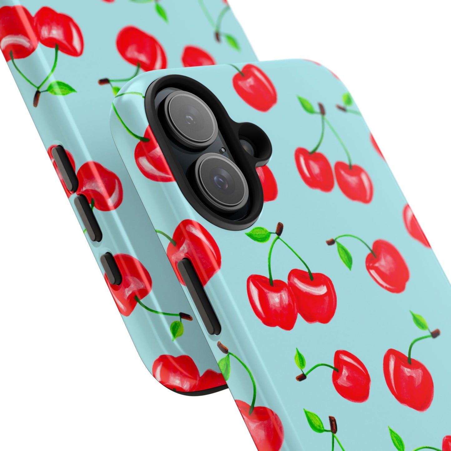 Tossed Red Watercolor Cherries Illustrated Pattern Bright Blue Tough Phone Case | Various Models