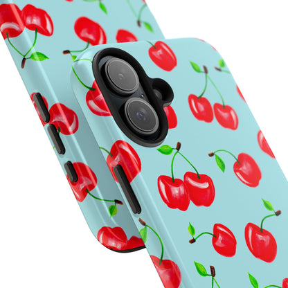 Tossed Red Watercolor Cherries Illustrated Pattern Bright Blue Tough Phone Case | Various Models