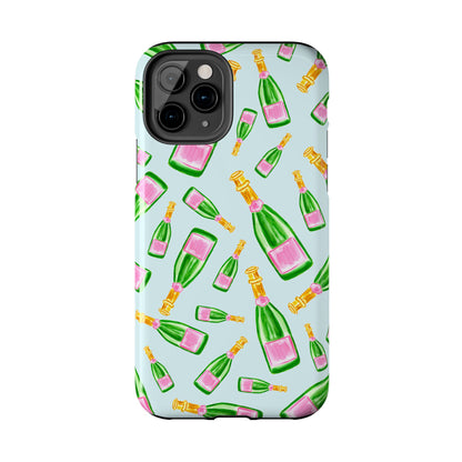 Tossed Pink and Green Watercolor Illustrated Champagne Bottles Pattern Light Blue Tough Phone Case | Various Models