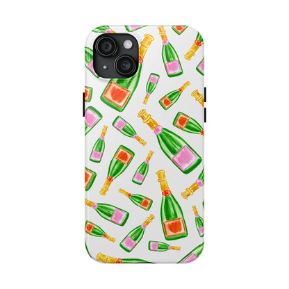 Tossed Pink and Green & Orange and Green Watercolor Illustrated Champagne Bottles Pattern Tough Phone Case | Various Models