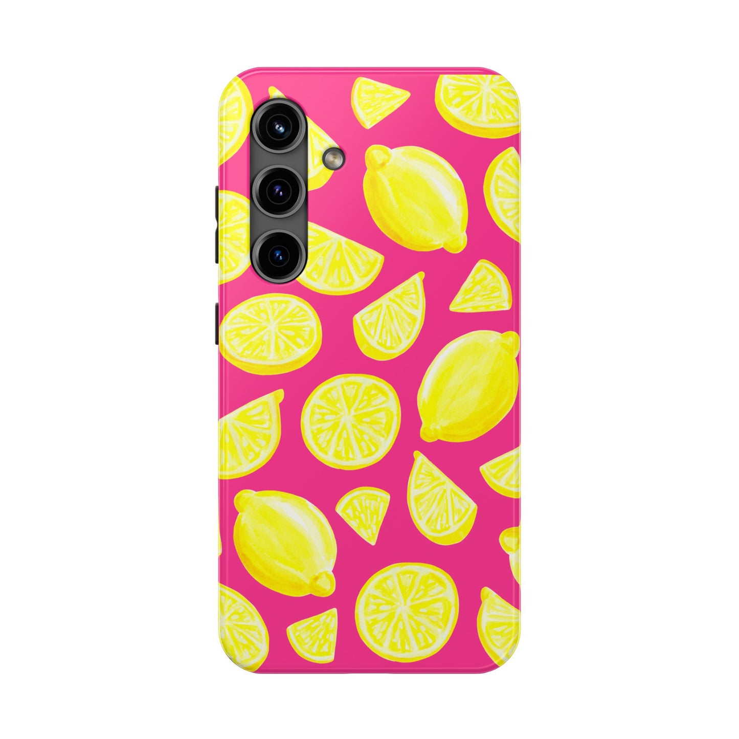 Bright Yellow Lemons Watercolor Illustrated Tossed Pattern Watermelon Pink Tough Phone Case | Various Models