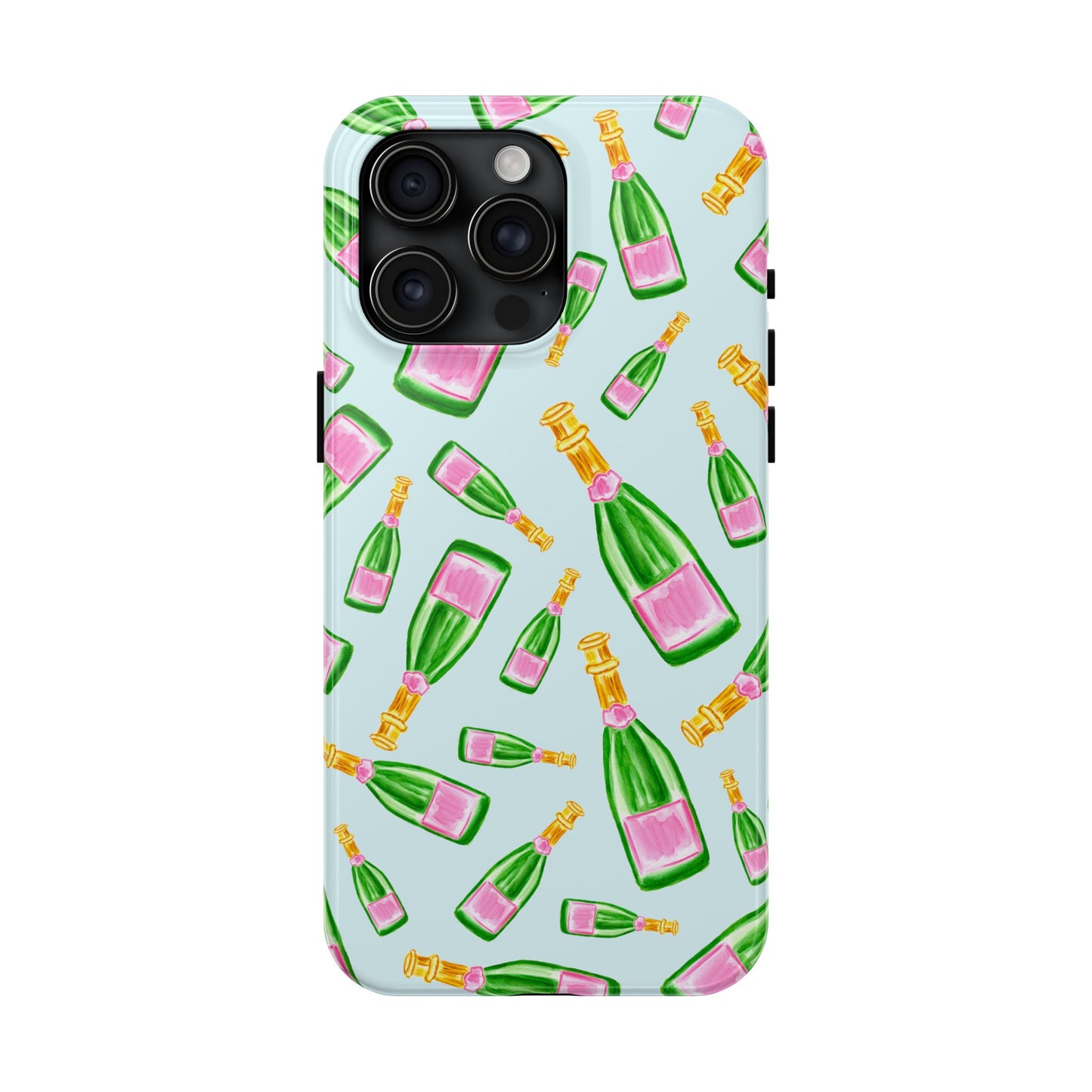 Tossed Pink and Green Watercolor Illustrated Champagne Bottles Pattern Light Blue Tough Phone Case | Various Models