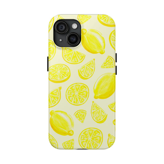 Bright Yellow Lemons Watercolor Illustrated Tossed Pattern Pale Yellow Tough Phone Case | Various Models iPhone 15