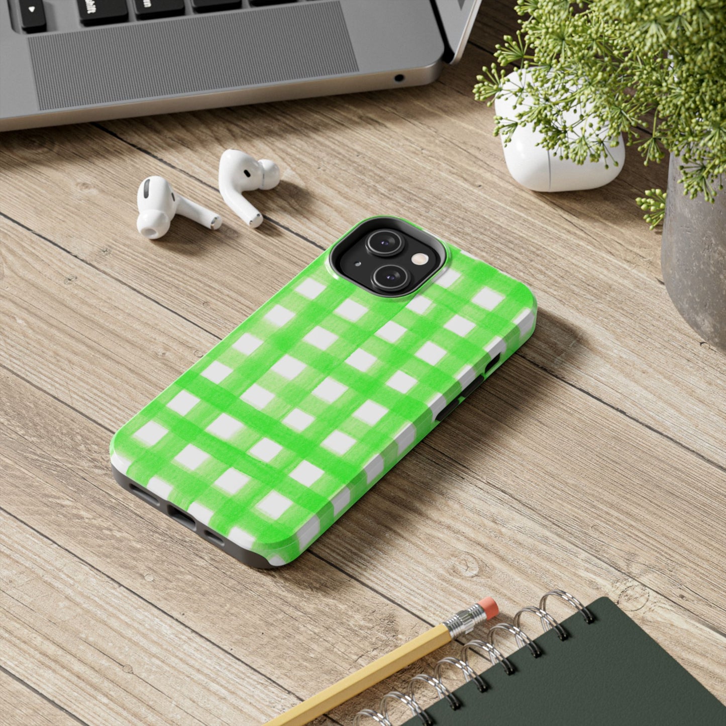 Lime Green Gingham Watercolor Illustrated Tough Phone Case | Various Models Available