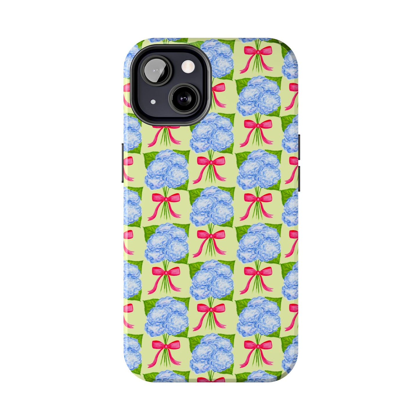 Blue Watercolor Hydrangea Bouquets with Hot Pink Bows Illustrated Patterned Yellow Preppy Grand Millenial Tough Phone Case | Various Models