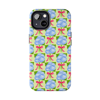 Blue Watercolor Hydrangea Bouquets with Hot Pink Bows Illustrated Patterned Yellow Preppy Grand Millenial Tough Phone Case | Various Models
