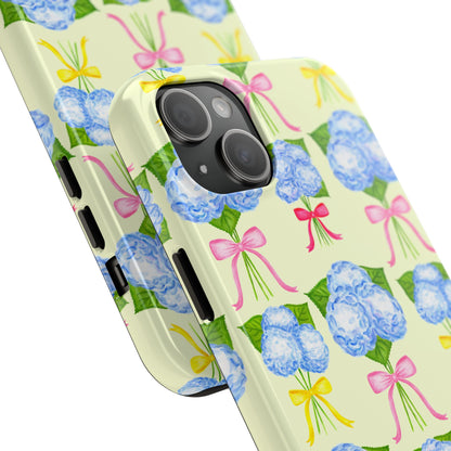 Blue Hydrangeas with Hot Pink, Yellow, Light Pink Bows Watercolor Illustrated Patterned Light Yellow Tough Phone Case | Various Models