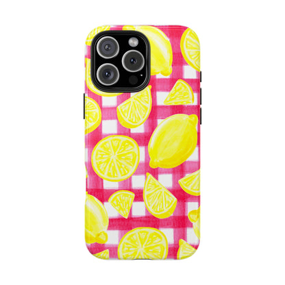 Yellow Lemons & Hot Pink Gingham Watercolor Illustrated Tough Phone Case | Various Models Available