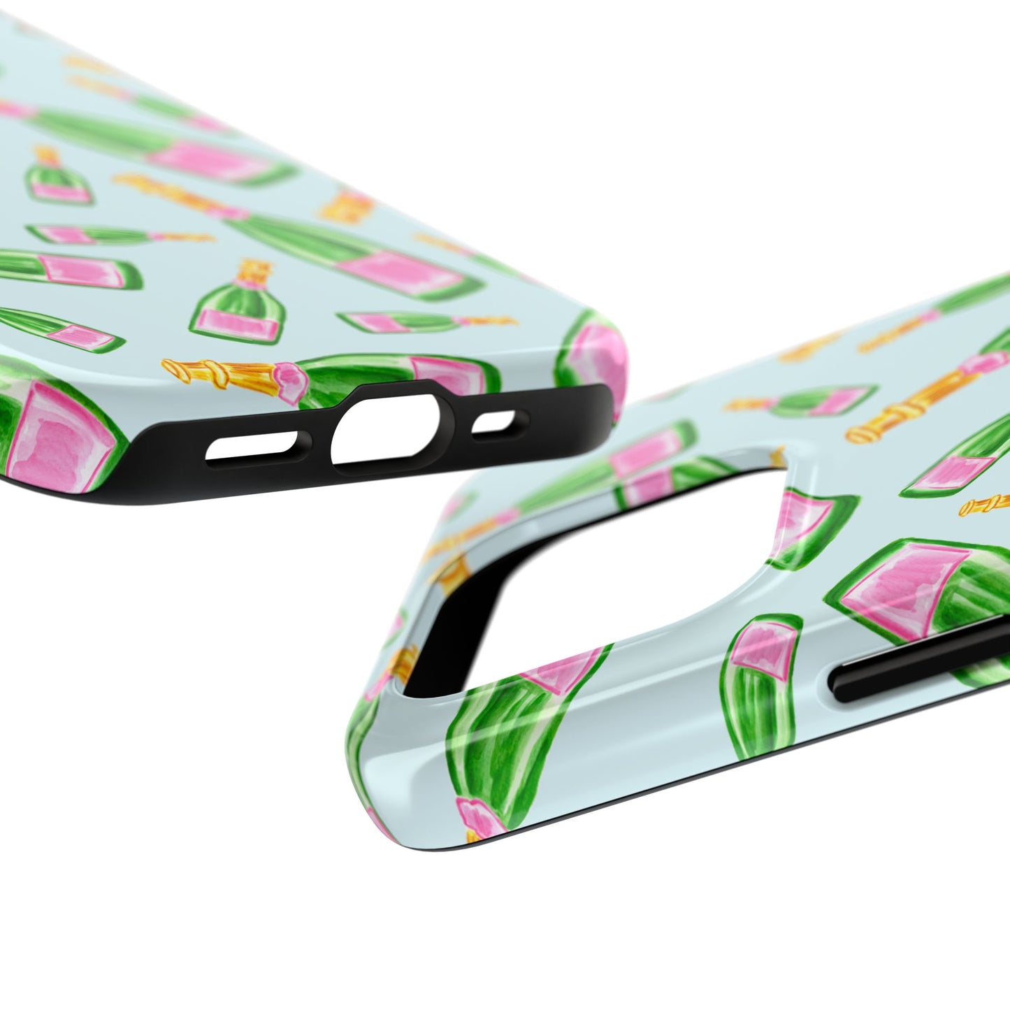 Tossed Pink and Green Watercolor Illustrated Champagne Bottles Pattern Light Blue Tough Phone Case | Various Models