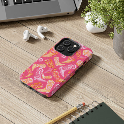 Tossed Hot Pink & Orange Watercolor Cowboy Boots Hot Pink Tough Phone Cases | Various Models