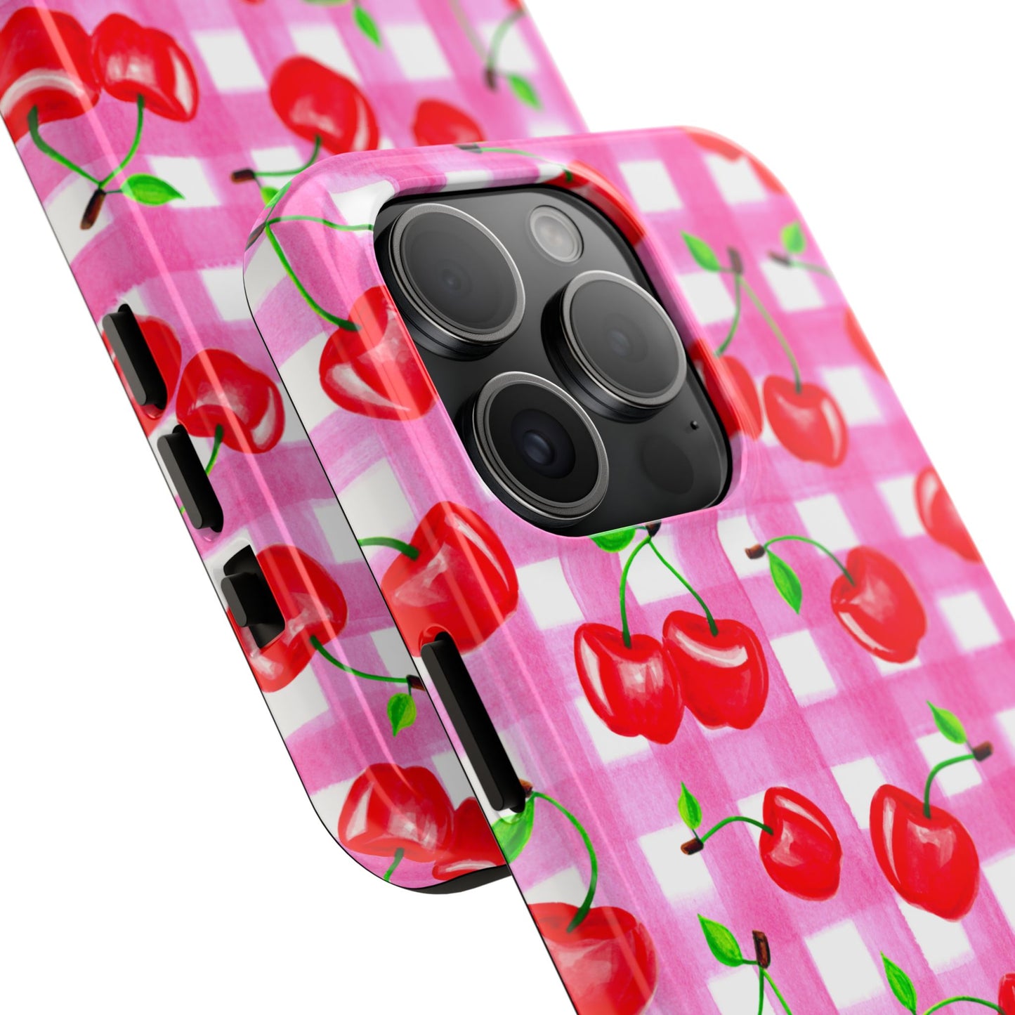 Tossed Red Watercolor Cherries Illustrated Pattern Light Pink Gingham Tough Phone Case | Various Models