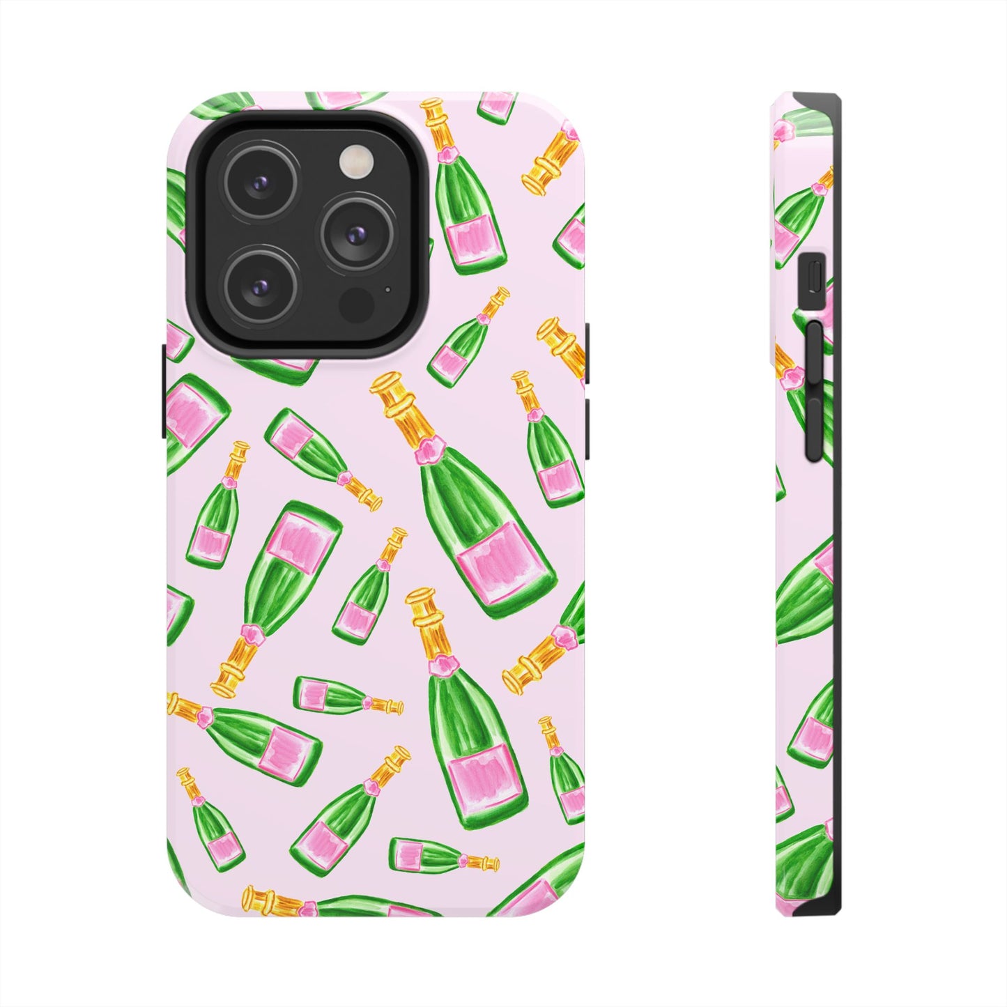 Tossed Pink and Green Watercolor Illustrated Champagne Bottles Pattern Blush Pink Tough Phone Case | Various Models