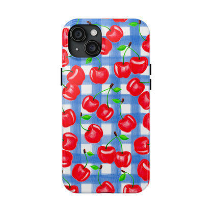 Tossed Red Cherries Blue Gingham Checkered Watercolor Illustrated Tough Phone Case | Various Models