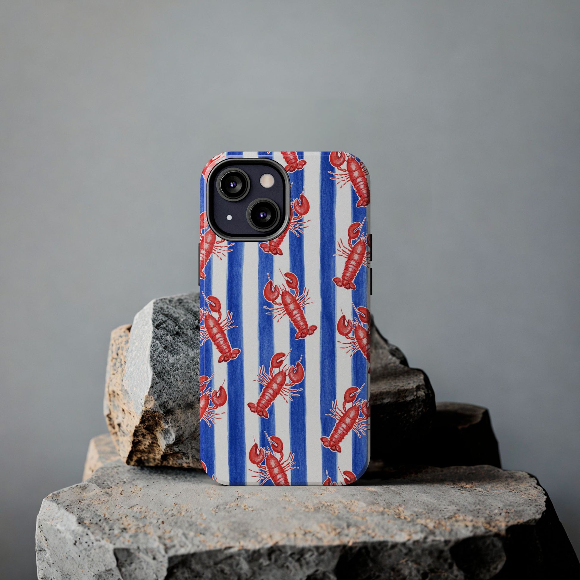 Blue & White Strip Red Lobster Watercolor Patterned Phone Case | Various Models