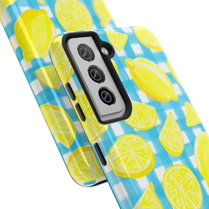 Bright Yellow Lemons Watercolor Illustrated Tossed Pattern Turquoise Gingham Tough Phone Case | Various Models